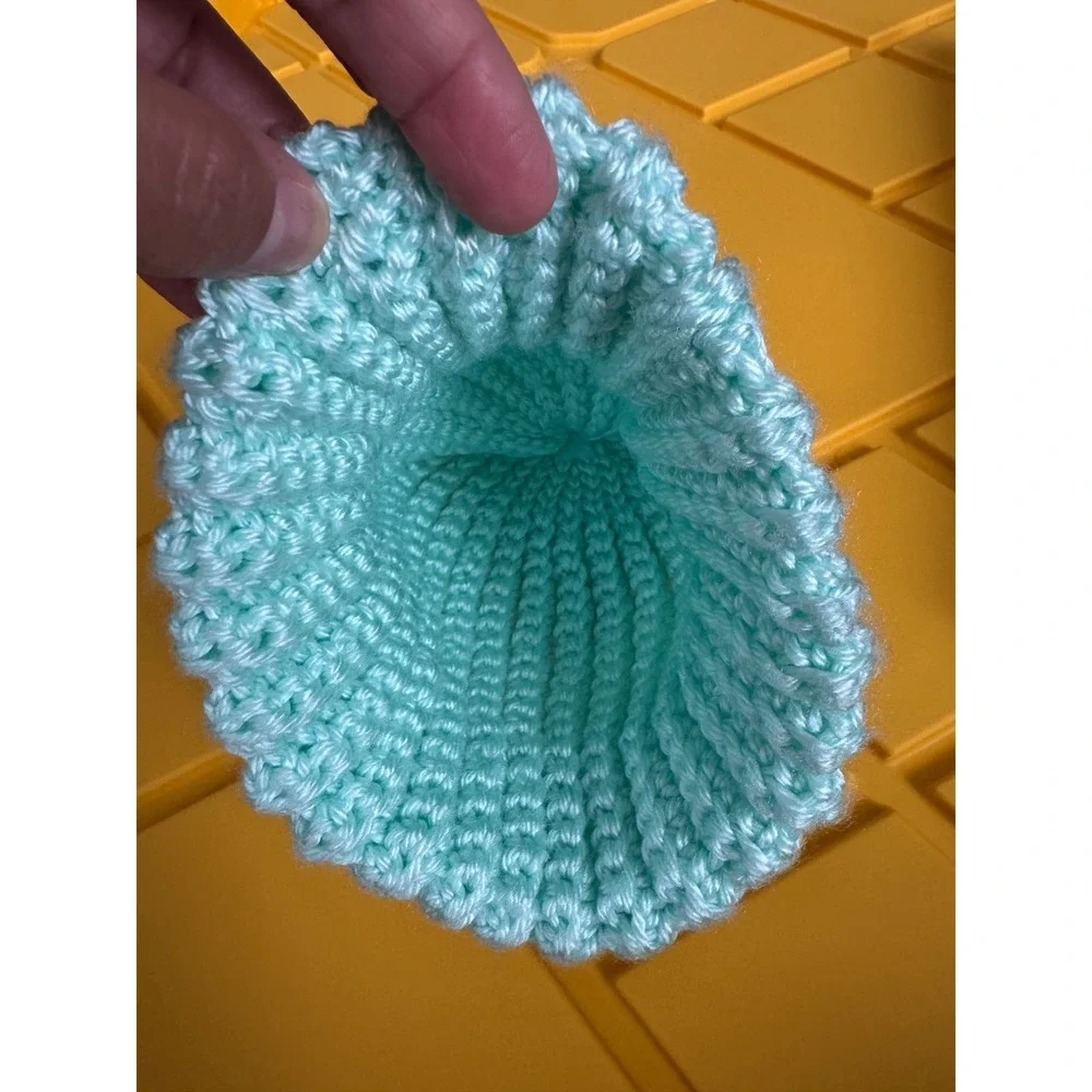 Handmade by Virginia Kids Crochet Beanie Mint Green/Blue Pom Pom Knit Winter Hat